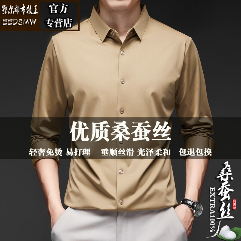 French High-End Mulberry Silk Long-Sleeved Shirt for Men, Thin, Loose, Business Casual, Solid Color, Stretchy, Non-Iron Silk Shirt