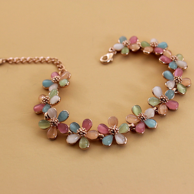 Weinihua Fresh Plant Flower Bracelet Korean Style Sweet Colorful Cat's Eye Stone Bracelet Rose Gold Flower Bracelet
