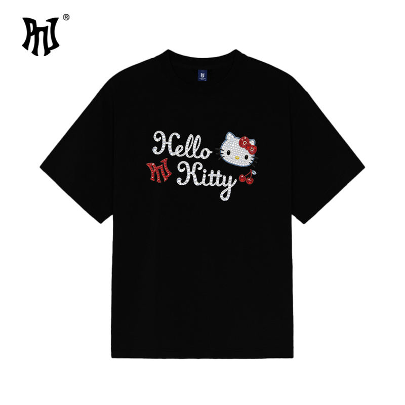 Pnjt Shirt Hello Kitty Cherry Letter Rhinestone Design Short-Sleeve Pure Cotton American-Style Loose Fit Unisex Top