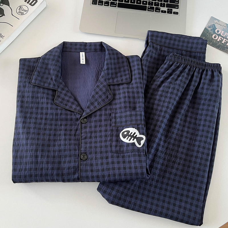 Japanese-Style Plaid Spring and Autumn Men's Pajamas, Cloud Pure Cotton Gauze Long-Sleeved Youth Casual Cardigan, Large Size Loungewear