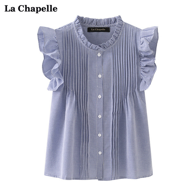 La Chapelle/LaChapelle wood ear side flying sleeve shirt women's round neck Korean version short-sleeved shirt small shirt summer