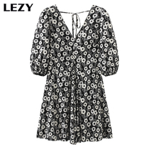 Lizi LEZY2021 new bubble sleeve small Daisy floral chiffon vneck waist temperament thin dress