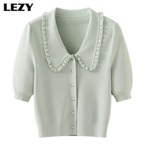 Lizi 2021 summer new retro knitted short sleeve cardigan thin doll collar short coat female temperament