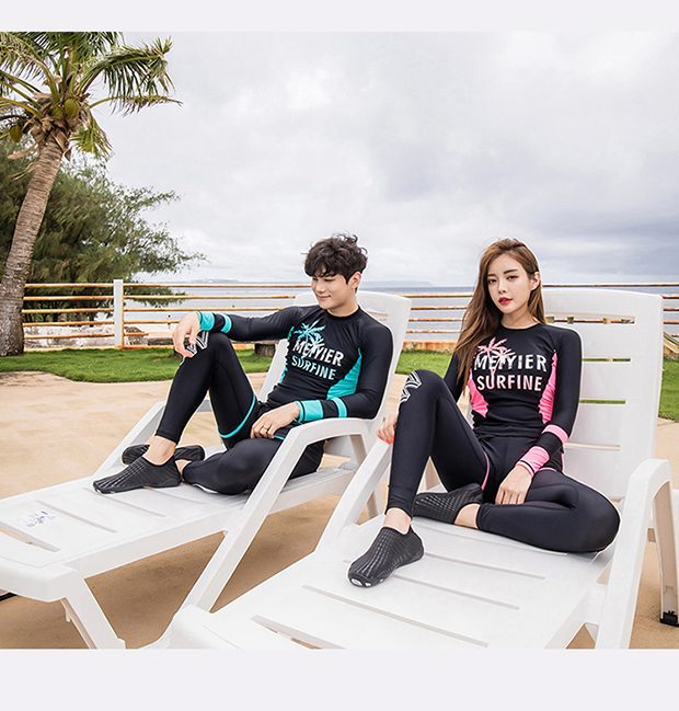 Cặp đôi tắm xuân nóng dài phù hợp với thời trang thể thao nam nữ quần dài tay chia ba mảnh áo tắm nóng xuân ấm áp 	đồ đôi đi biển chụp hình cưới	