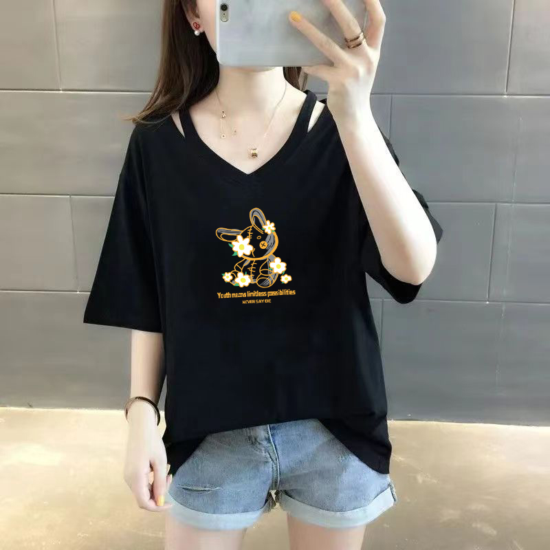 Plus Size Women's T-Shirt That Covers the Body, Short-Sleeved, Slimming, Loose and Versatile, 100kg Summer Women's Clothing, V-Neck with Print