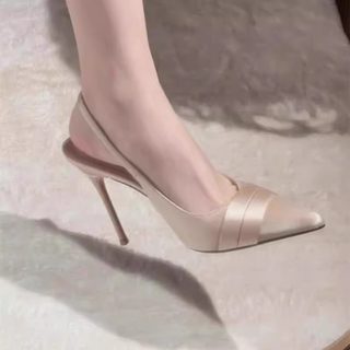 香槟色尖头高跟鞋女细跟2025新款法式气质单鞋一字带后空包头凉鞋