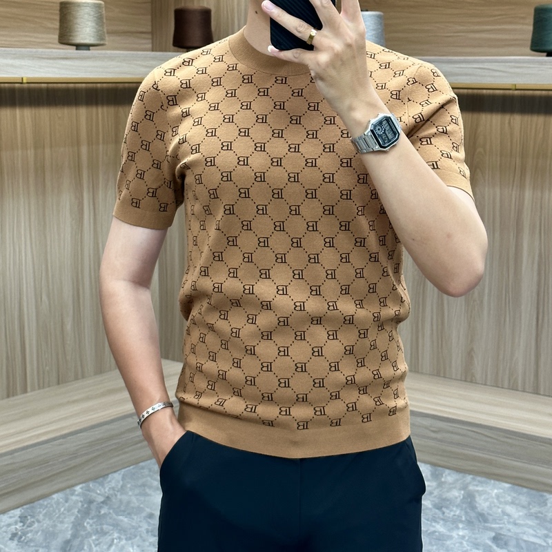 European High-End Short-Sleeved Sweater for Men, Autumn and Winter Fashion Brand Jacquard Knitted Half-Sleeve Men's Round-Neck Wool Base Shirt