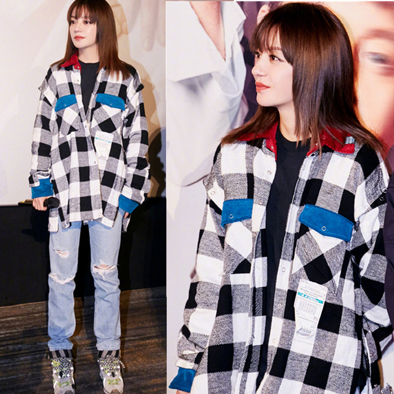 2022 Chunqiu Zhao Wei stars the same black and white plaid shirt jacket female loose Korean version with long version of abrasive wool shirt