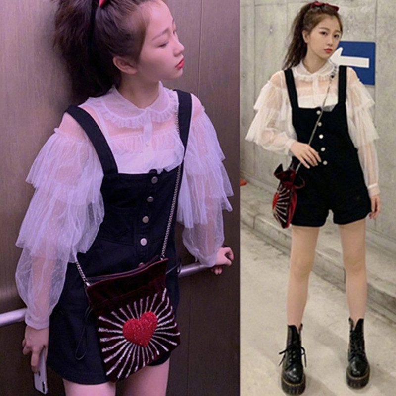 Break code Qing warehouse Yu Shuxin stars with the same foreign-style Fashion Net Yarn Blouse