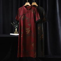 Middle-aged and elderly womens summer new silk dress mother fashion print foreign Tang dress improved cheongsam skirt