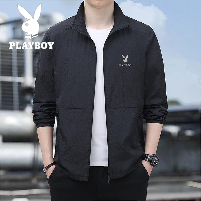 Playboy Summer Men's Stand-Up Collar Sun Protection Jacket, Lightweight Outdoor Casual Sports Style Slim Fit Thin Jacket