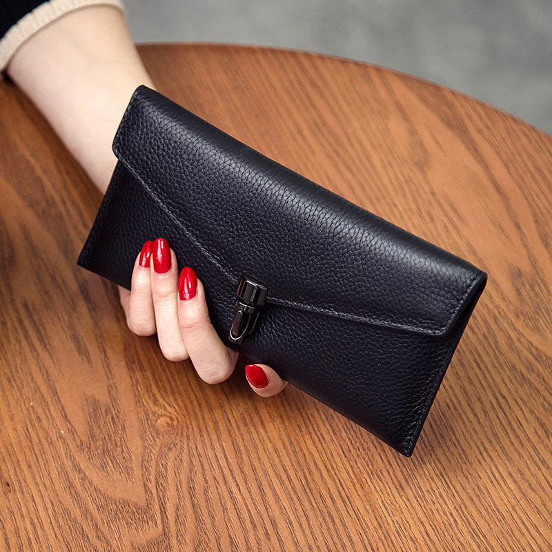 2021 new European and American simple top layer cowhide wallet women's long version leather ultra-thin personality envelope wallet wallet tide