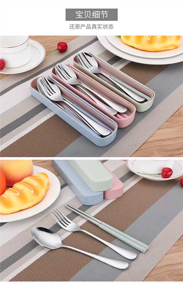 Dao kéo bằng thép không gỉ mới bộ đũa cầm tay muỗng nĩa ba mảnh với hộp đựng đồ du lịch kiểu kéo du học sinh - Đồ ăn tối dĩa nhựa