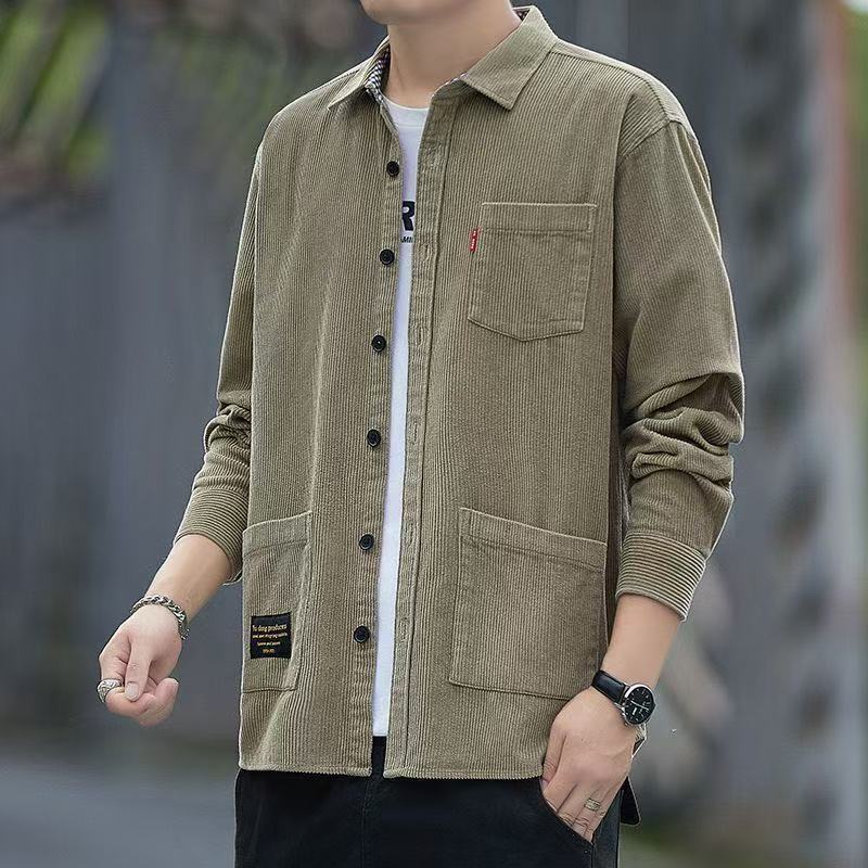 Autumn Thin Corduroy Multi-Pocket Workwear Long-Sleeve Shirt for Men, Loose Casual Versatile Square Collar Work Shirt