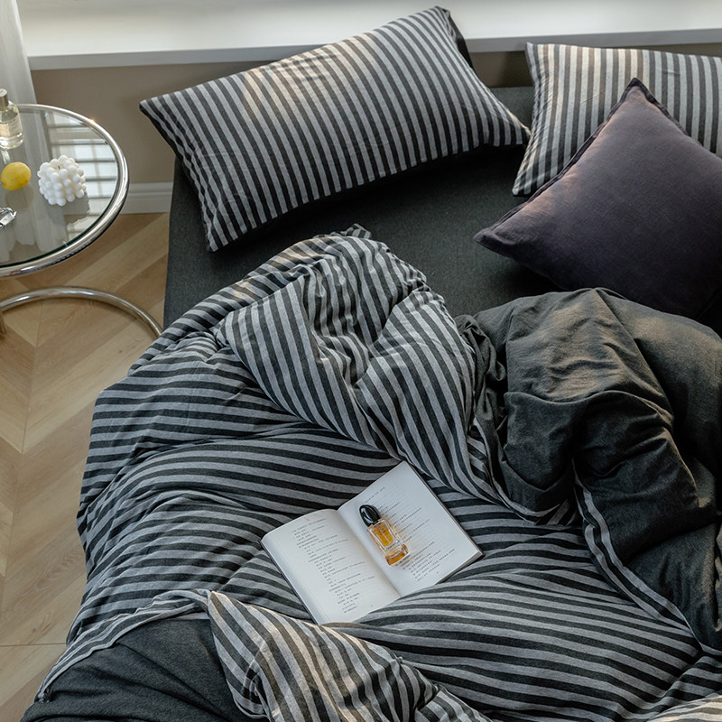 Day-style geranium cotton four pieces knitted cotton pure cotton full cotton naked bed linen bed Striped Bed-in-bag Quilt Cover 4