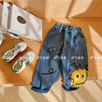 Chen Ma children jeans 2021 spring new products boys and girls smiling face cartoon jeans baby loose trousers