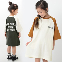 Childrens letter T-shirt dress 2022 new summer dress Korean version large child short sleeve spell loose inserted shoulder girls dress