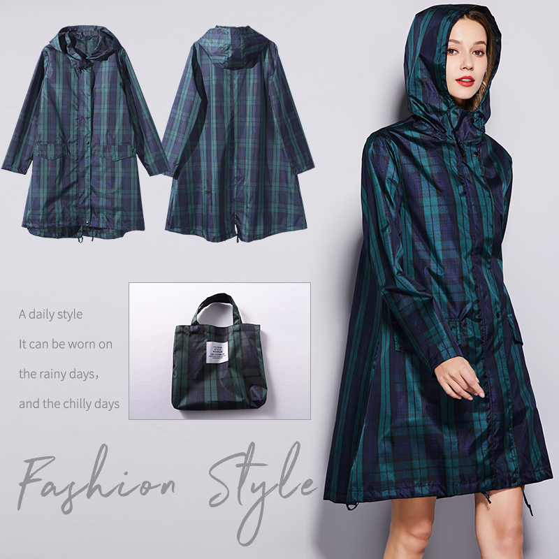 Korean and Japanese Fashion Green Plaid Raincoat Trench Coat Style Lightweight Raincoat Protective Jacket for Hiking and Commuting for Men and Women Adults Korean and Japanese Fashion Green Plaid Raincoat Trench Coat Style Lightweight Raincoat Protective Jacket for Hiking and Commuting for Men and Women Adults