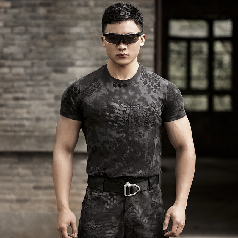 Outdoor python camouflage tactics short sleeve men's special forces crew neck cotton trim tight T-shirt breathable camouflage clothing summer