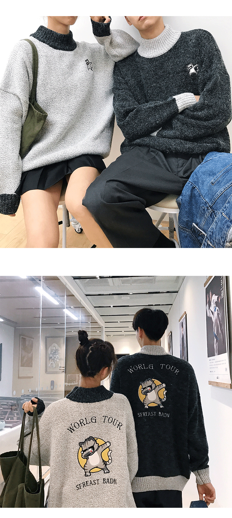 Cặp đôi siêu đẹp mùa thu buông lửng gió thêu dày nửa cổ áo len cao cổ G673 P80 áo đôi mùa đông