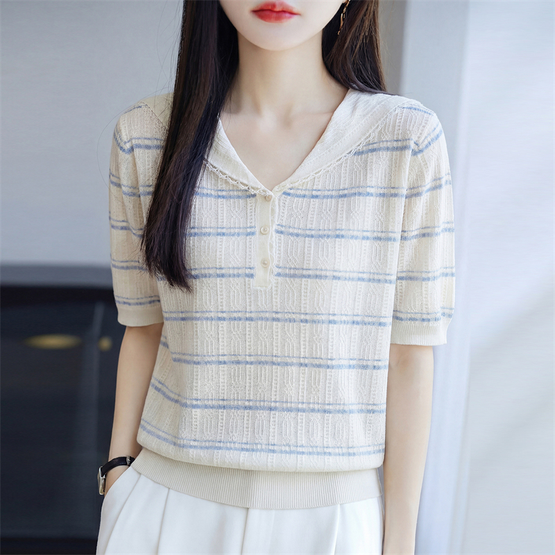 2026 Summer Silk Navy Collar Striped Knit Top Women's Short-Sleeve T-Shirt Lace Thin Slim-Fit Versatile Top 2026 Summer Silk Navy Collar Striped Knit Top Women's Short-Sleeve T-Shirt Lace Thin Slim-Fit Versatile Top