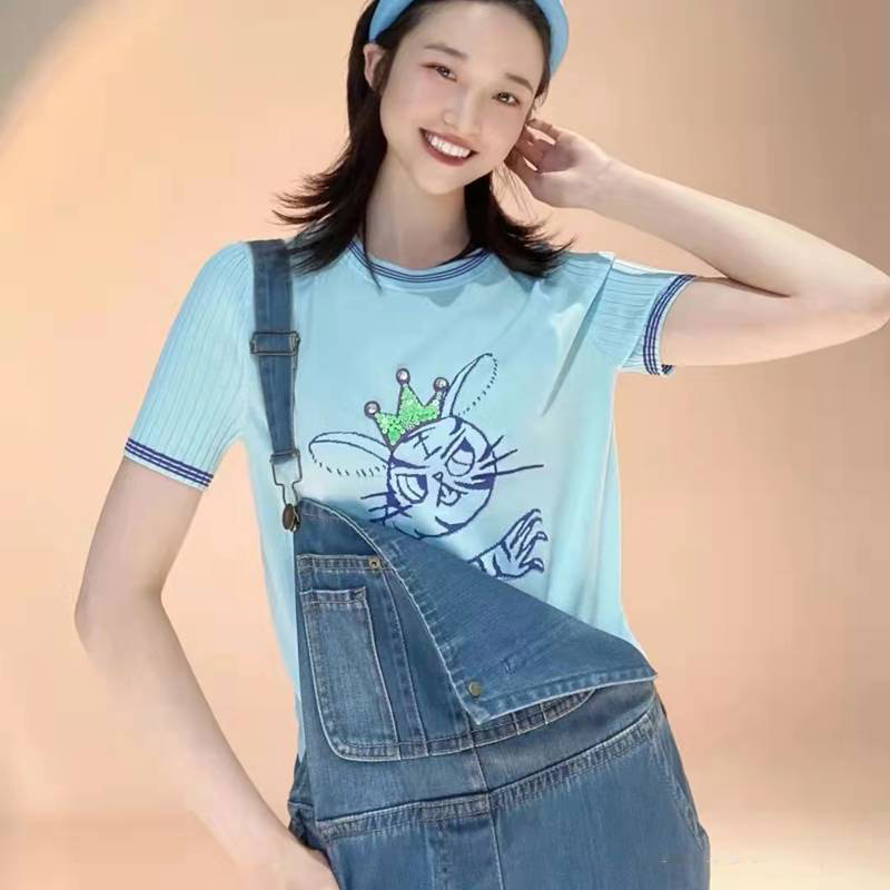 Áo thun ngắn tay nữ dệt kim lụa băng mỏng thêu kim cương họa tiết hổ — Đen (một con hổ) chi tiết 6