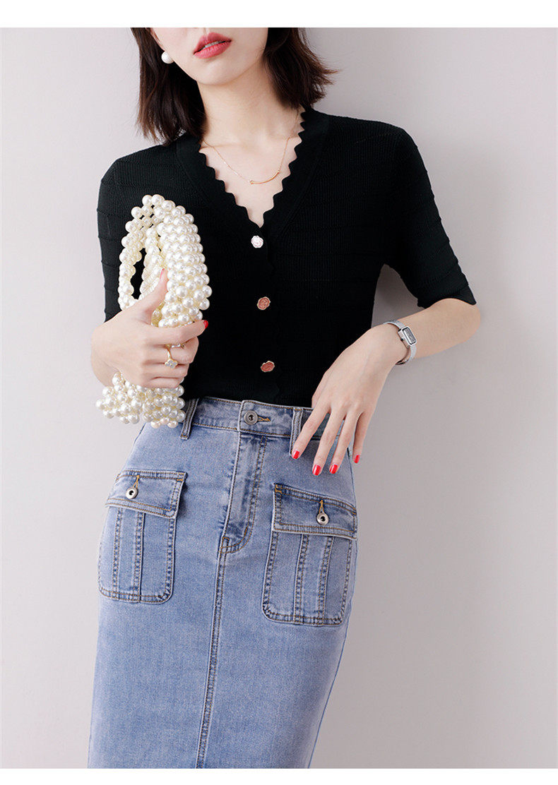 Áo cardigan dệt kim tay ngắn cổ V viền sóng chất liệu lụa đá mát mẻ — Màu đen chi tiết 10