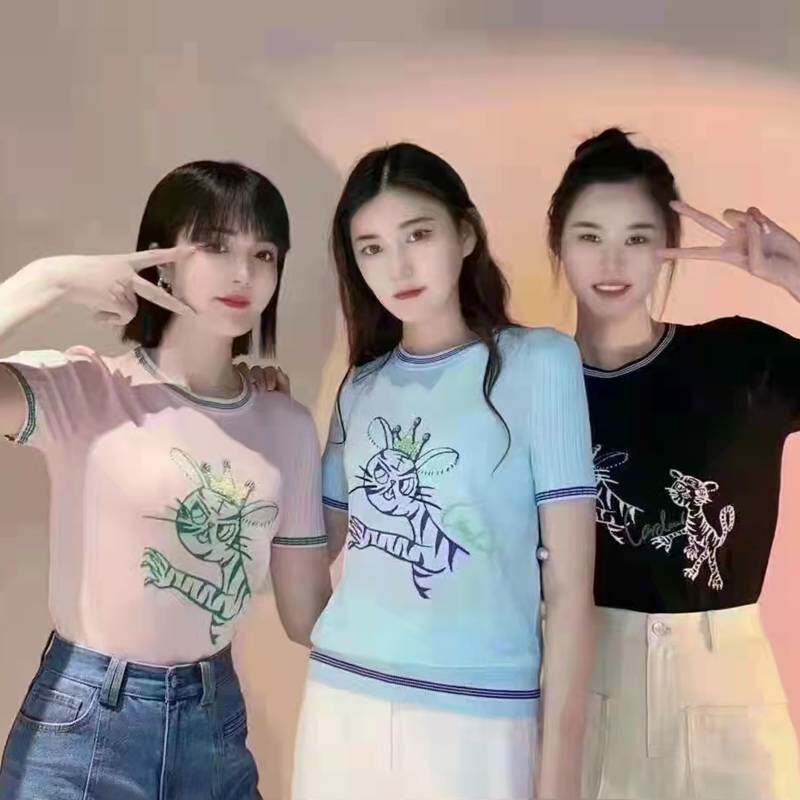 Áo thun ngắn tay nữ dệt kim lụa băng mỏng thêu kim cương họa tiết hổ — Đen (một con hổ) chi tiết 3