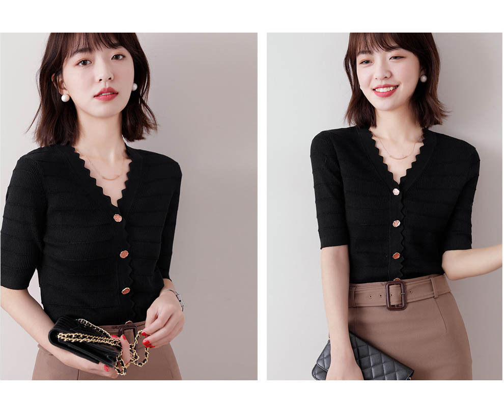 Áo cardigan dệt kim tay ngắn cổ V viền sóng chất liệu lụa đá mát mẻ — Màu đen chi tiết 9