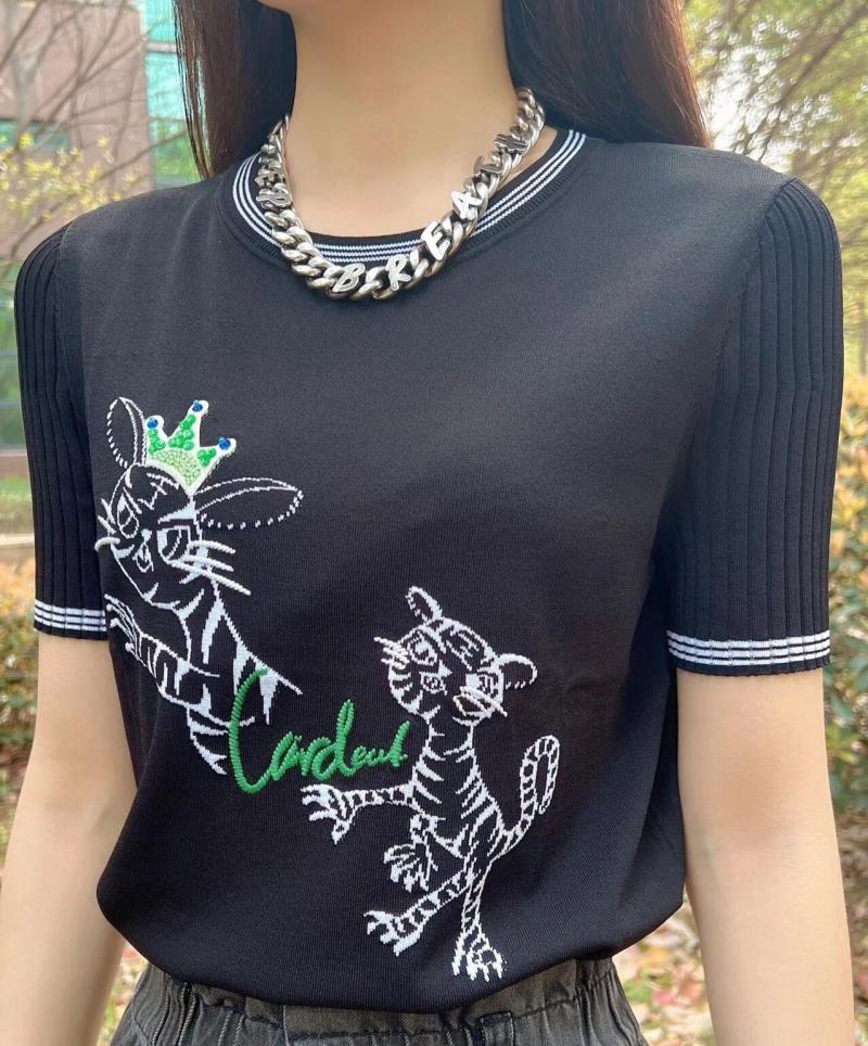 Áo thun ngắn tay nữ dệt kim lụa băng mỏng thêu kim cương họa tiết hổ — Đen (một con hổ) chi tiết 7