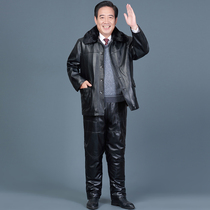 Dad leather jacket plus velvet thick leather pants two-piece set windproof waterproof leather jacket clothes middle-aged and elderly Winter Men