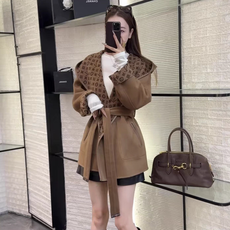 Jinduoduo 2025 Women's Winter 91 Double-Sided Wool Coat with Vintage Pattern, Hooded, Belted, Long Sleeve, Thickened