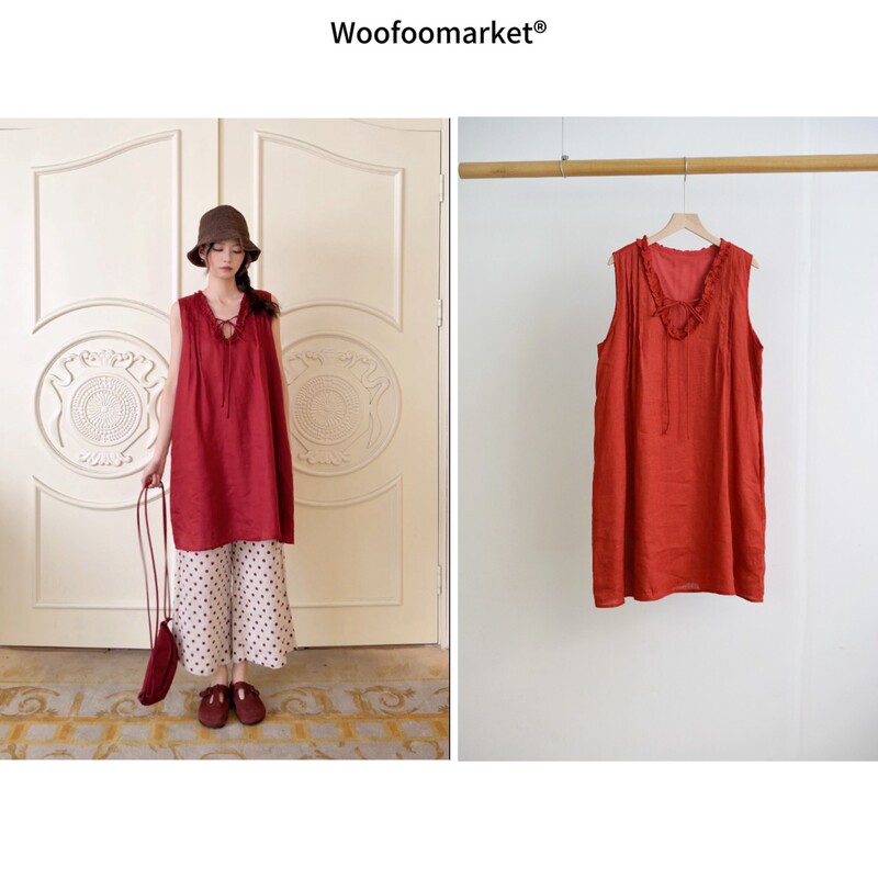 【Bougainvillea in Bloom】100% Linen Lace-Up Sleeveless Mid-Length Shirt Dress for Women Summer Sscy291