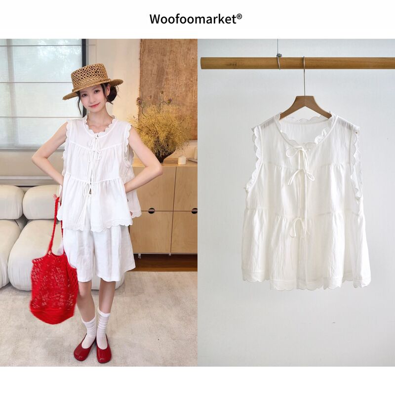 [Summer Gardenia] Tencel Cotton and Linen Petal-Edged Tie-Up Sleeveless Babydoll Shirt for Women in Summer Sscy253