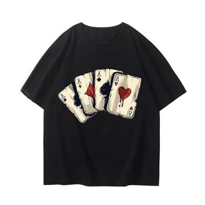 280G heavyweight American streetwear brand poker high Street pure cotton T-shirt for boys, loose summer, European and American street style, always winning in gambling