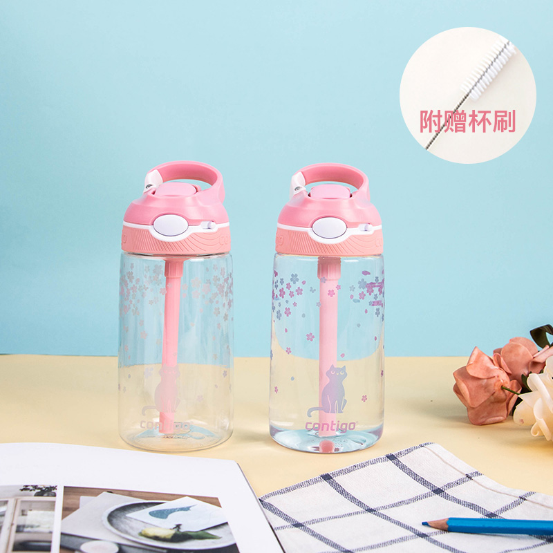 American Contigo Condick children's leak-proof lock plastic color-changing straw cup full of cherry blossoms and cats