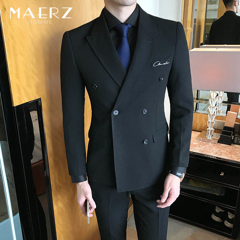 Double-breasted suit men's suit Korean slim-fit hair stylist groom handsome trend Black British style casual suit
