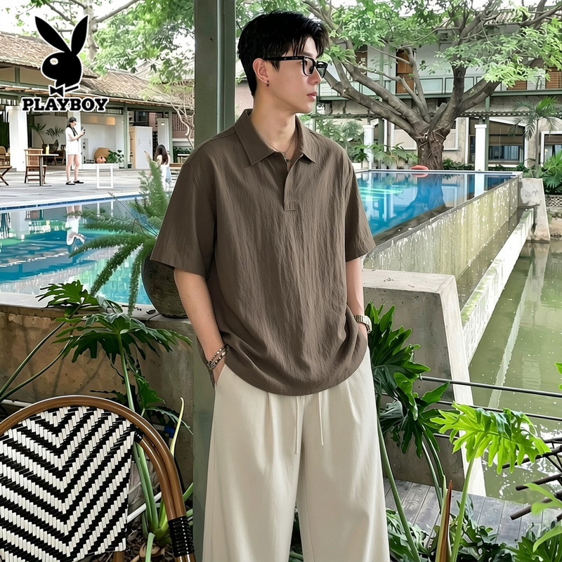 Playboy Luxury Linen Suit for Men, Summer Thin Casual Short-Sleeve Polo Shirt and Long Pants, Old Money Style Set Playboy Luxury Linen Suit for Men, Summer Thin Casual Short-Sleeve Polo Shirt and Long Pants, Old Money Style Set