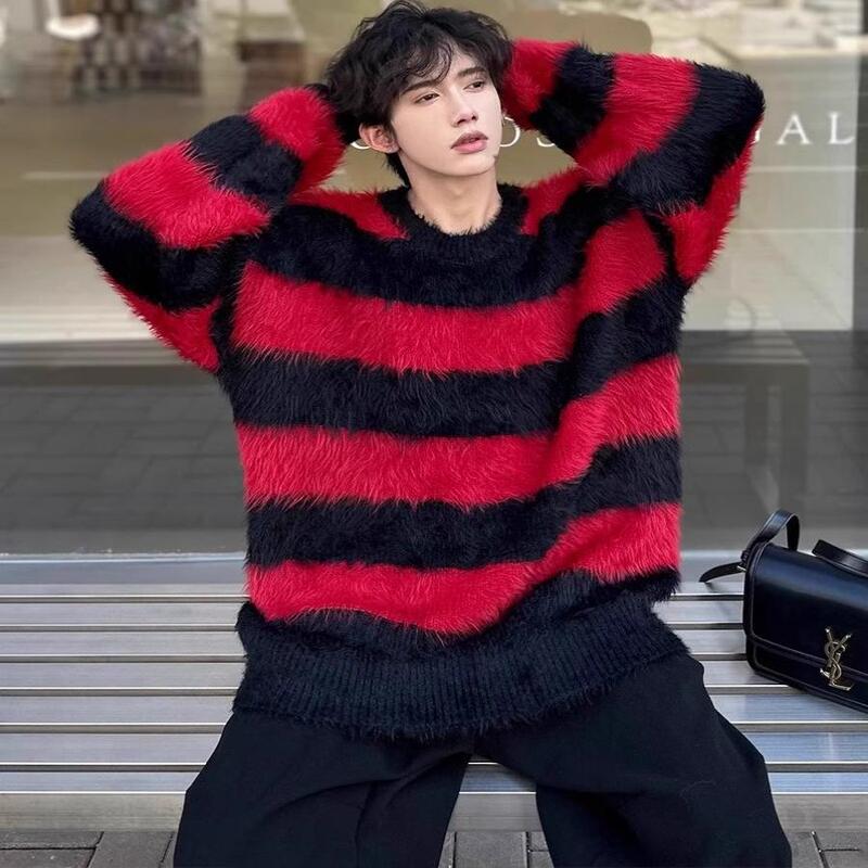 2026 Autumn/Winter Red and Black Color-Block Lazy Style Sweater Seahorse Wool Knitwear American Retro Loose Fit Men's High-End Feel
