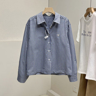 Korean embroidered short plaid shirt for women autumn new loose casual long-sleeved shirt slimming thin coat top