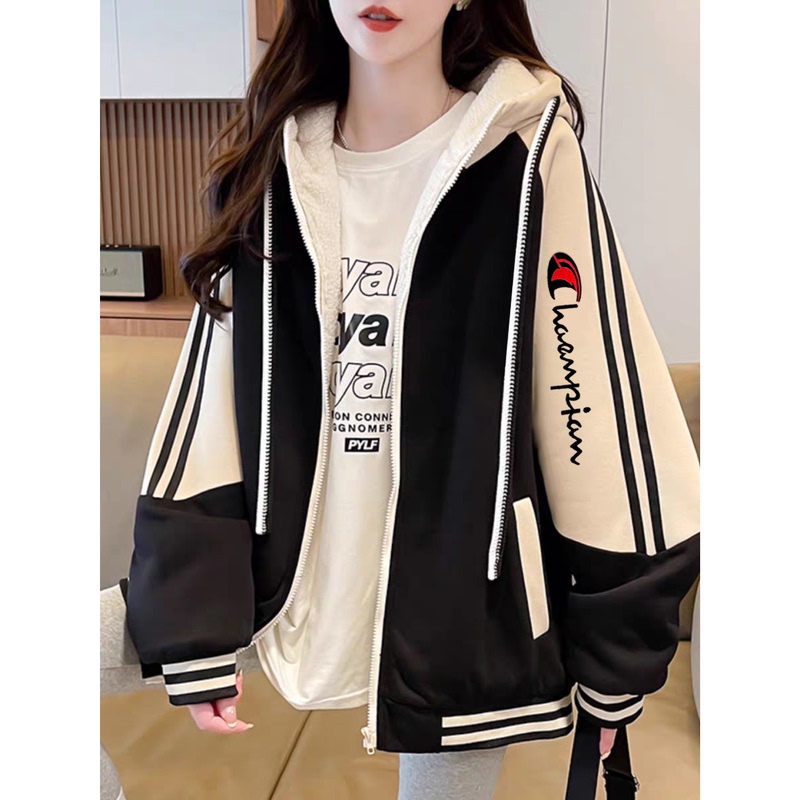 Champion Captain Jacket Women's Autumn Baseball Jacket Color-Block Hooded Cardigan Sweatshirt 2026 Autumn/Winter New Fleece-Lined Top