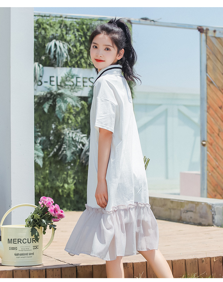 VK旗艦店 韓系時尚百搭網紗下擺拼接顯瘦長版短袖洋裝