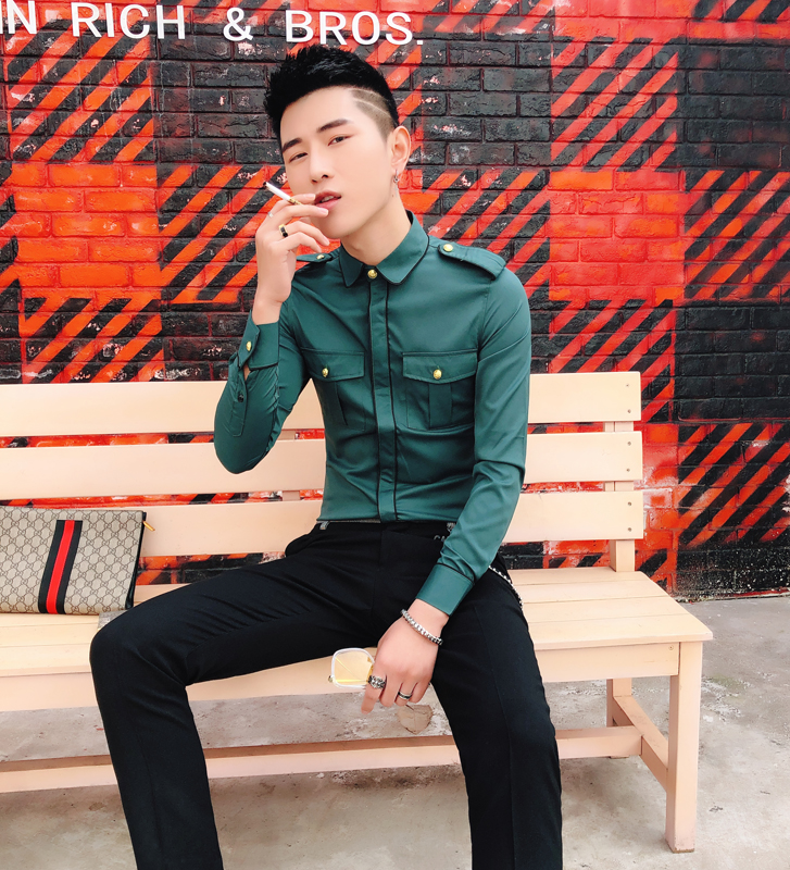 2022 spring men's new long-sleeved shirt slim fit men's youth Korean version trend net red casual solid color shirt