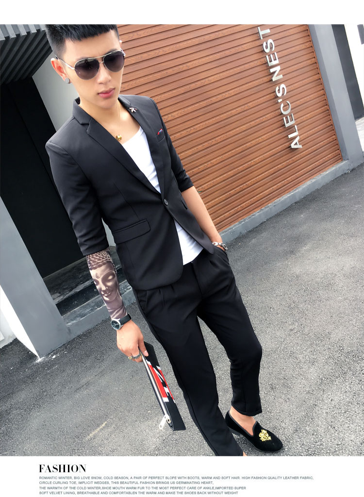 Mùa hè của Nam Giới Cắt Tay Áo Giản Dị Phù Hợp Với Nhỏ Hai mảnh England Slim Night Dòng Tóc Stylist Sleeve Suit Set