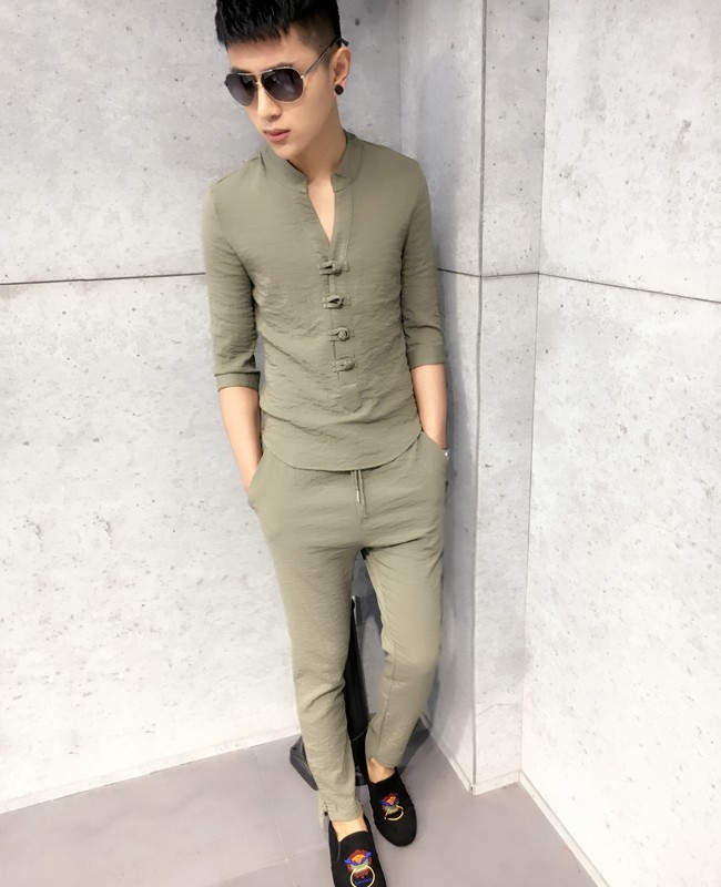 Mid-sleeve new nine-point pants suit men's youth Korean version of the trend of self-cultivation linen buckle casual short-sleeved cotton two-piece suit