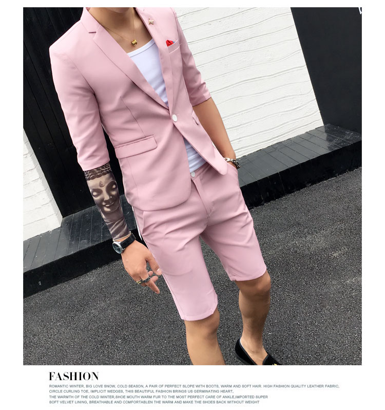 Mùa hè của Nam Giới Cắt Tay Áo Giản Dị Phù Hợp Với Nhỏ Hai mảnh England Slim Night Dòng Tóc Stylist Sleeve Suit Set