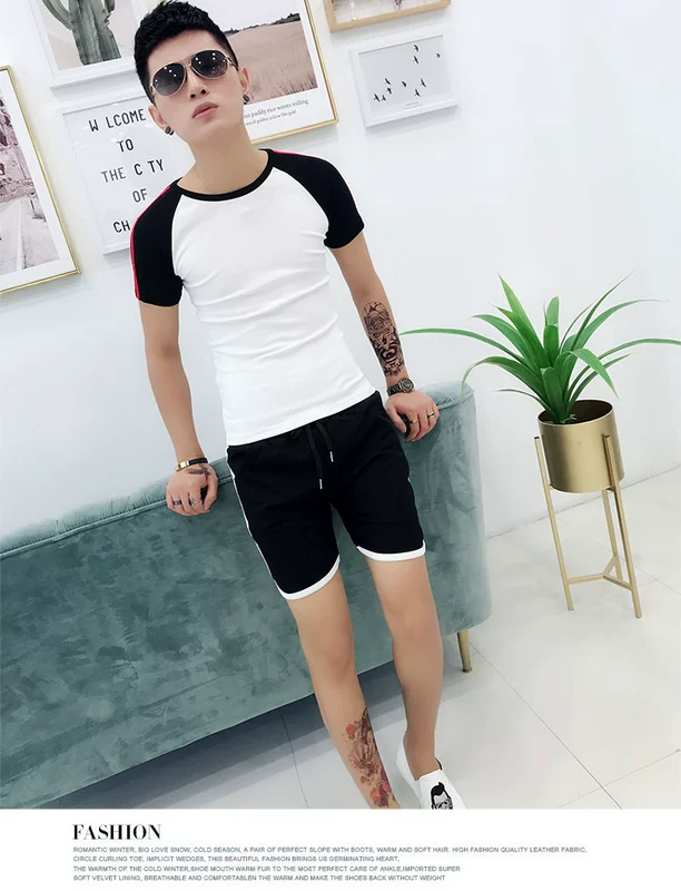 2018 mùa hè người đàn ông mới của mỏng thời trang quần short ngắn tay t-shirt hai mảnh Hàn Quốc thể thao giản dị phù hợp với thủy triều