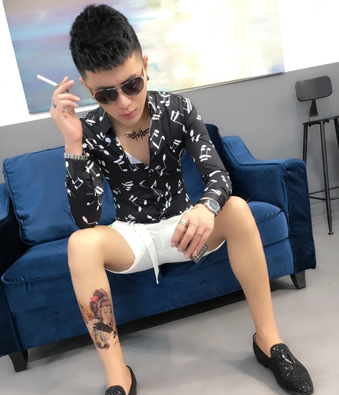 Music figure men's shirt long-sleeved new youth nightclub all-match printing shirt trend Korean version casual inch shirt handsome