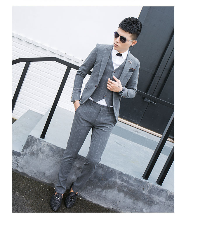Kẻ sọc phù hợp với phù hợp với nam Hàn Quốc phiên bản của tự trồng ba mảnh thanh niên Anh giải trí chú rể kết hôn phù rể quần áo làn sóng mới áo nam