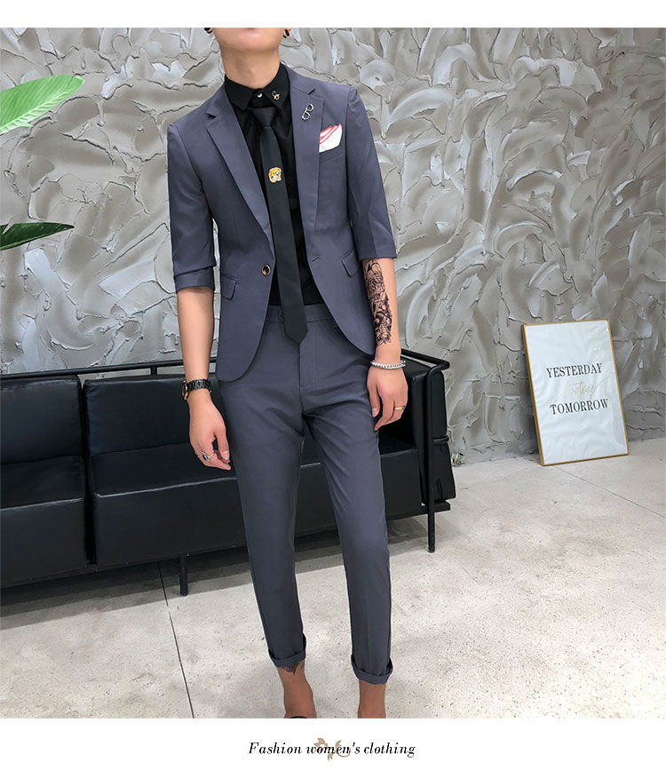 Hộp đêm Thợ cắt tóc tay áo phù hợp với người đẹp trai Hàn Quốc tay áo mỏng tay áo nhỏ phù hợp với nam giới áo dài nam